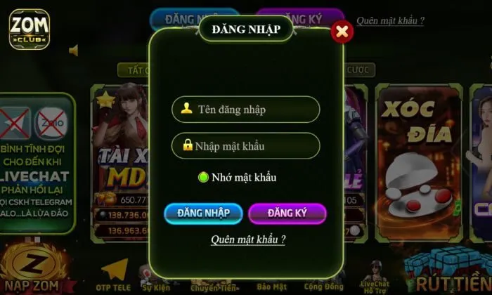 Đăng nhập Zomclub Điền đầy đủ và chính xác thông tin đăng nhập